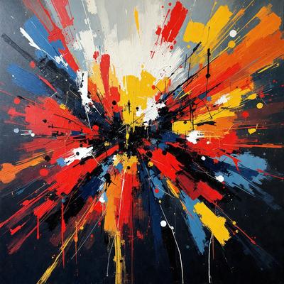 The primary subject of the image is a large, colorful painting. The painting features a variety of colors and patterns, creating a vibrant and lively atmosphere. The setting is a wall, and the visual style appears to be a combination of digital art and illustration. The colors and mood of the painting are energetic and dynamic, capturing the viewer's attention and evoking a sense of excitement and creativity.